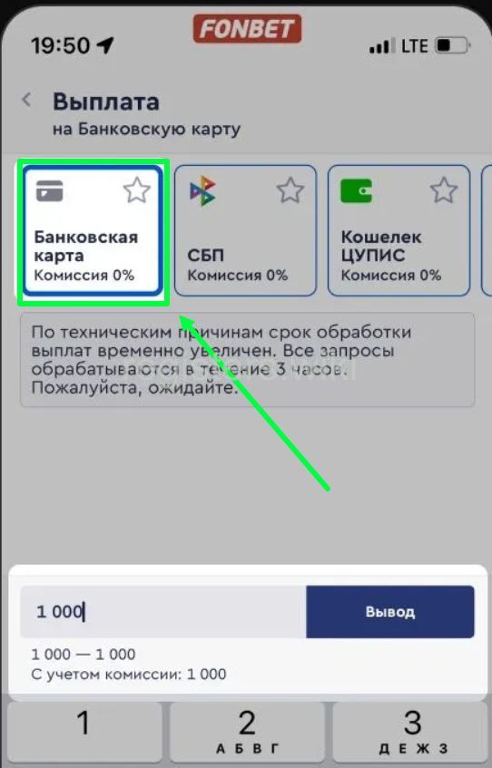 Выбор способа вывода и указание суммы в приложении Фонбет