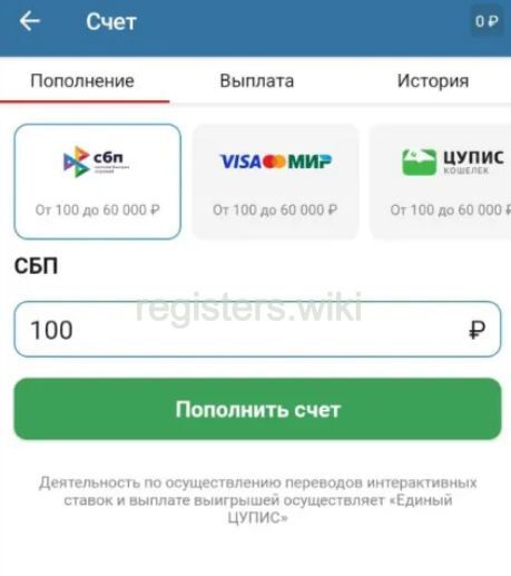 Выбор способа пополнения - СБП Бетсити